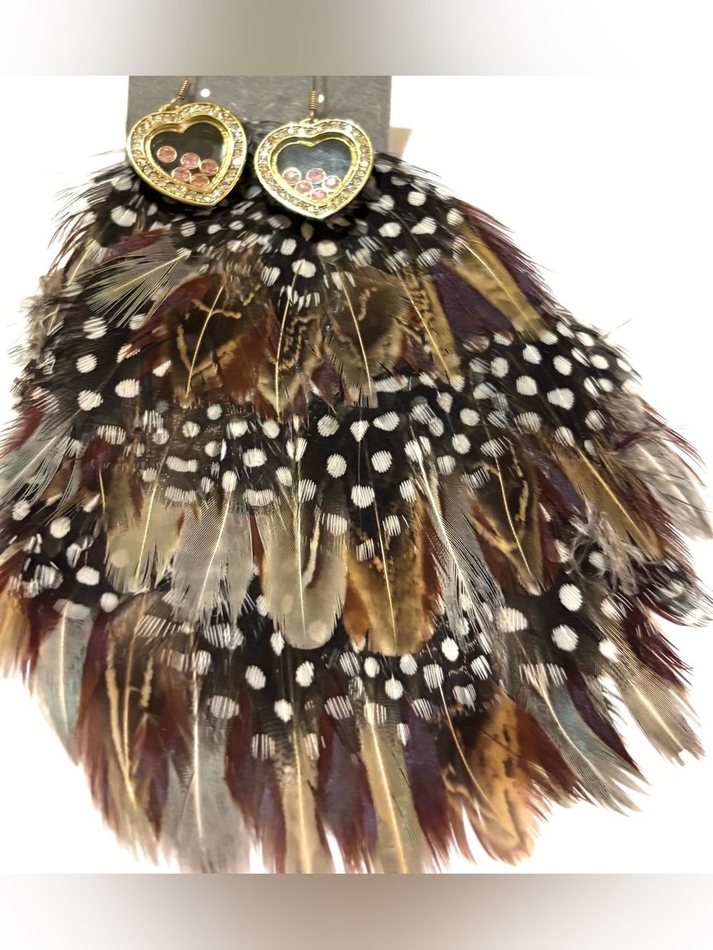 Feather Heart Drop Earrings with Pink Accents